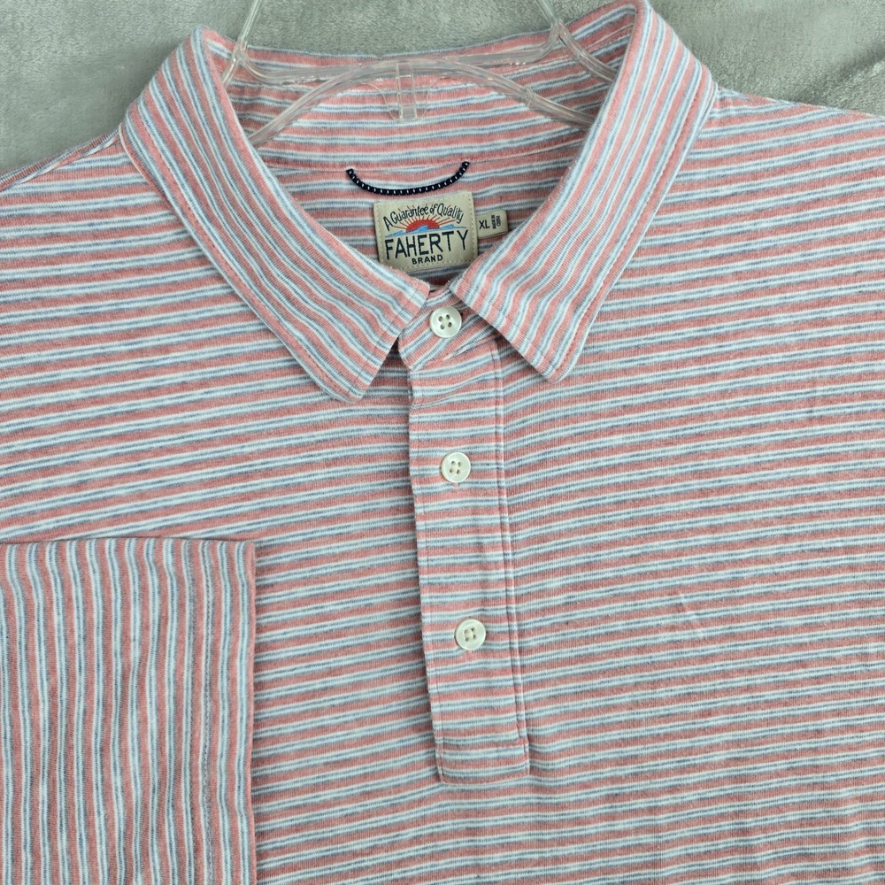 FAHERTY BRAND Mens XL Short Sleeve Striped Polo Shirt‎ Coral Blue White Cotton